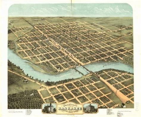 1869 Map Birds Eye View Of The City Of Kankakee Kankakee County Il