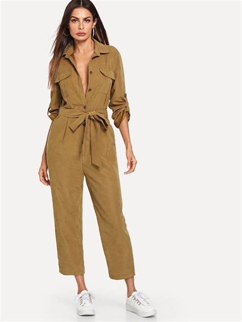 shein roll tab sleeve button front self belted jumpsuit jumpsuit fall long sleeve jumpsuit