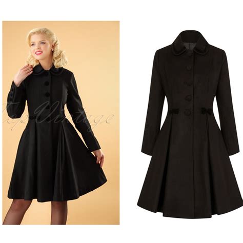 30 Winter Women Vintage 50s Long Swing Coat In Black With Velvet Trim