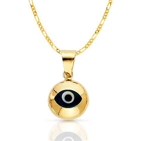 Ioka 14K Yellow Gold Evil Eye Round Charm Pendant With 1 9mm Figaro 3