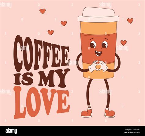Cute Enamored Characters Of Coffee In Paper Cup Vector Illustration Cool Funny Retro Mascot