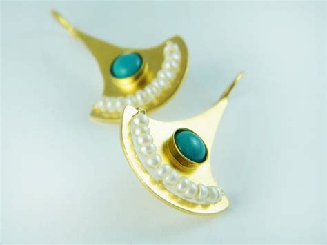 Pearl Turquoise Earrings Gold Egyptian Jewelry Earrings Boho Etsy
