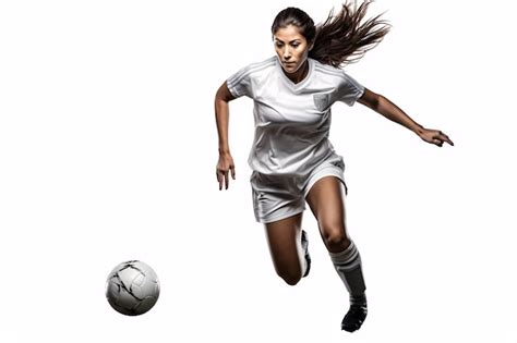 Premium Ai Image Beautiful Female Soccer Player Kicking Ball With