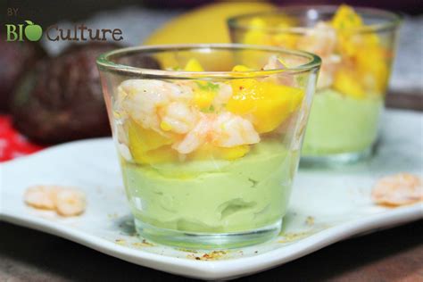 Crème d avocat et son tartare de mangue aux crevettes