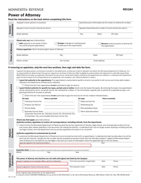 Free Minnesota Tax Power Of Attorney Form REV184 PDF EForms