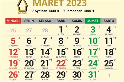 Kalender Jawa Maret 2023 Lengkap Dengan Weton Dan Hari Libur Nasional