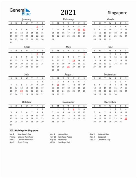 2021 Singapore Calendar With Holidays