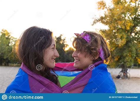 Beautiful Lesbian Couple Hugging Tenderly Stock Image Image Of Happy