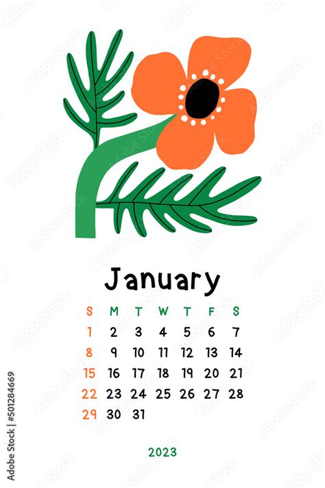 Beautiful Floral Calendar January 2023 Botanical Printable Vector