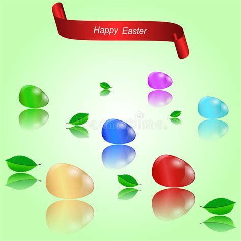 Set Of Six Easter Eggs Leaves With Reflection And Red Banner Stock