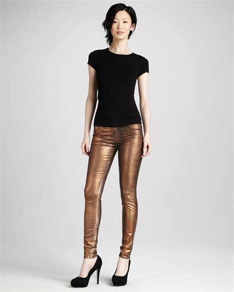 Lyst J Brand Coated Metallic Bronze Skinny Jeans In Brown