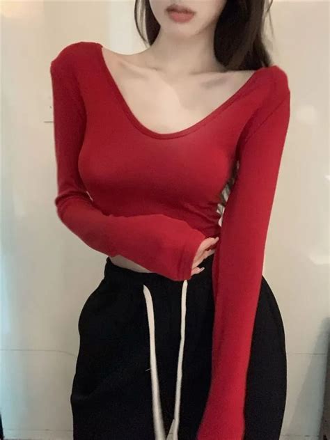 Crop Top Sexys Long Sleeve Top Women Clothing 2023 New Spring Autumn Basic V Neck T Shirt Female