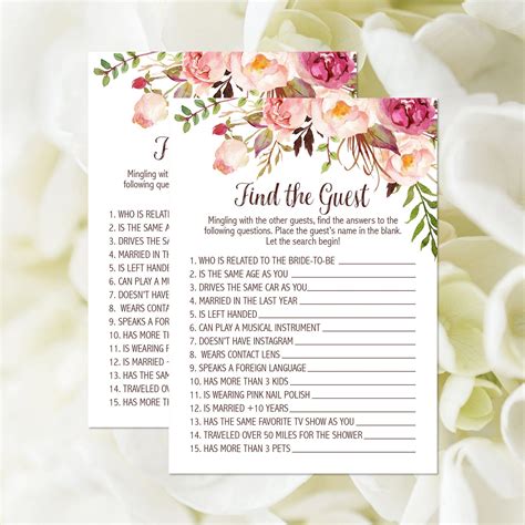 Pink Floral Find The Guest Game Printable Bohemian Bridal Etsy