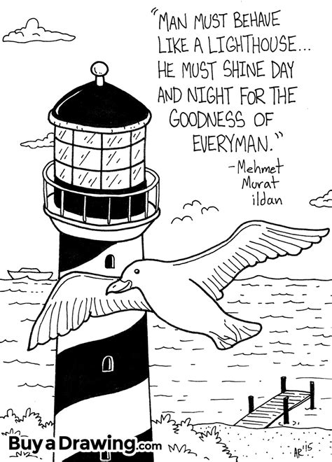 Download lighthouse drawing stock vectors. Flying Seagull with Lighthouse on Beach Cartoon Drawing