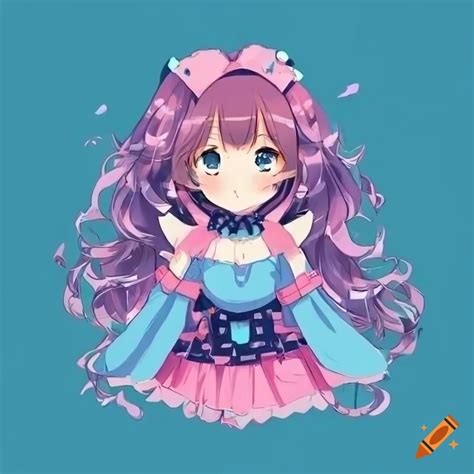 Anime Girl Cute Blue And Pink Themed Clothing Long Curly Brown Hair