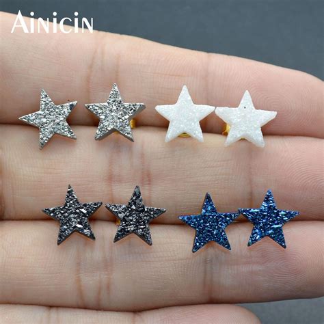 New Arrival Five Pointed Star Natural Druzy Crystal Navy Blue Silver