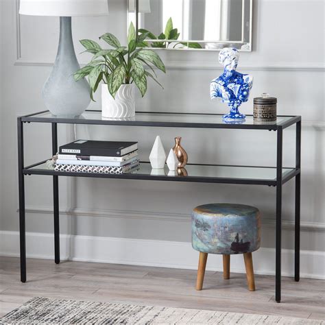 Modern sofa console table with clear glass table top chrome frame table leg,narrow console table entryway table,easy assemble entry table for entryway,living room,hallway 41.7 x 11.8 x 30.7inch (wxdxh) 4.7 out of 5 stars. Contemporary Glam Metal Glass Modern Black Console Table ...
