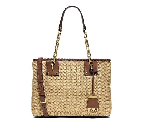 Michael Kors Straw Rosalie Medium East West Tote Raffia Twill Leather