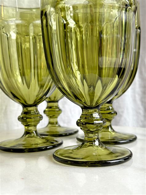 Vintage Libbey Duratuff Green Glass Pedestal Large Water Goblets Set Of 4 Emerald Green