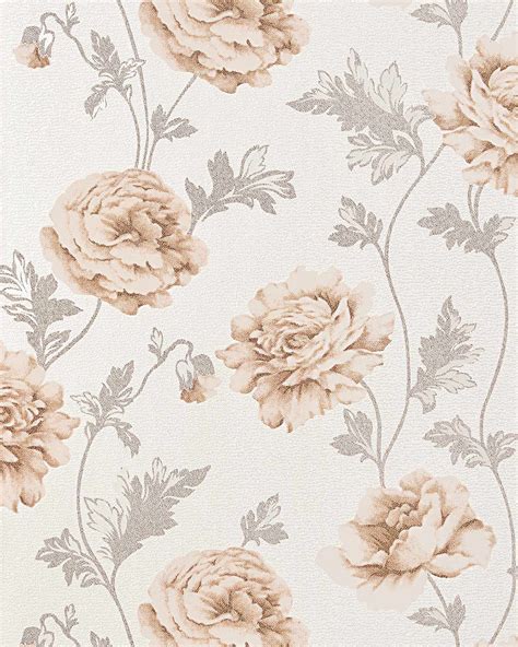 Romantic Wall Covering Flower Floral Vinyl Wallpaper Edem 086 23 Roses Blossoms Textured Beige