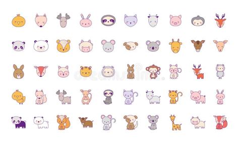 Cute Animals Cartoons Line And Fill Style 50 Icon Set Vector Design