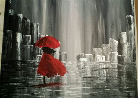 Girl With A Red Umbrella In The Rain Rain Painting Watercolor