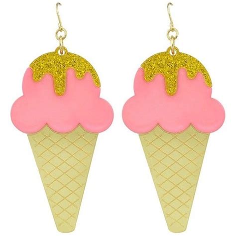 Pink And Gold Ice Cream Cone Earrings With Glitter On Top Hanging From Hooks