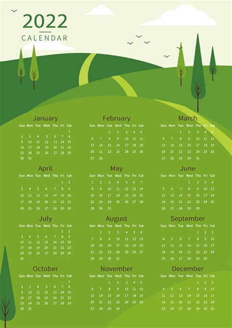 Word Of 2022 Green Hill Calendardocx Wps Free Templates