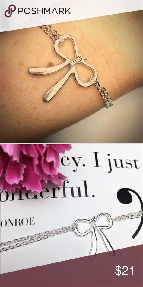 Silver Bow Bracelet Dainty Silver Bow Bracelet With A Double Chain