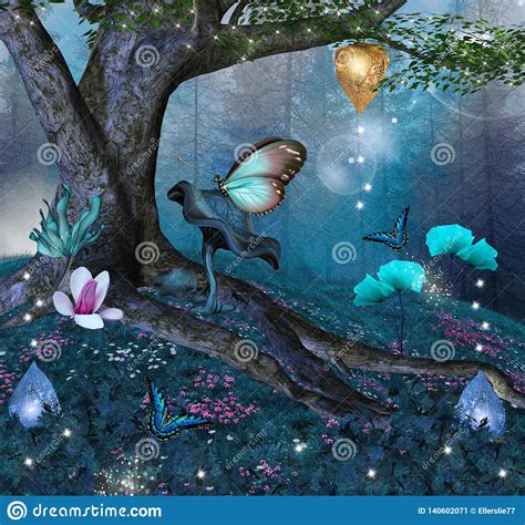 Enchanted Tree In The Middle Of The Blue Forest Stock Illustration