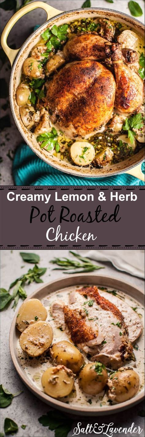Whole chicken topped with a mixture of grapefruit zest and fresh herbs; This creamy lemon and herb pot roasted whole chicken is ...
