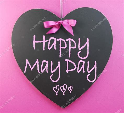 Happy May Day Handwriting Greeting On Heart Shaped Blackboard — Stock