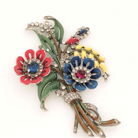 Vintage Trifari Enamel Brooch As Is Missing Pin Stem Rhinestone Floral Brooch Vintage