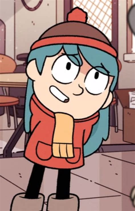 A Cartoon Character With Blue Hair And An Orange Jacket Standing In