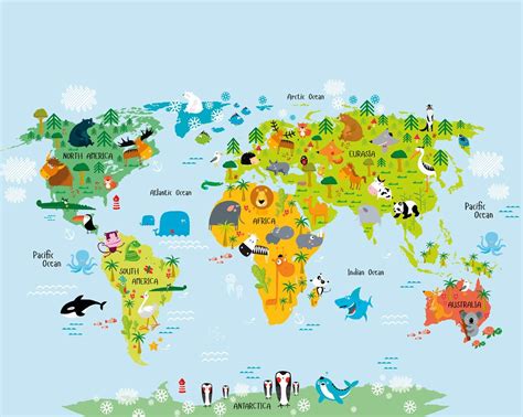 Childrens World Map Wallpaper Mural Educational World Etsy