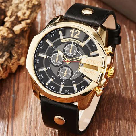 Unique Big Dial Cool Mens Watch Golden Steel Steampunk Sports Quartz