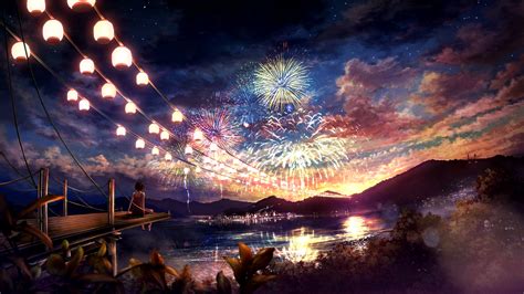 Wallpaper Night Anime Girls Water Reflection Sky Artwork Clouds