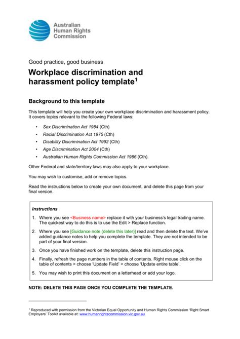 Workplace Discrimination And Harassment Policy Template