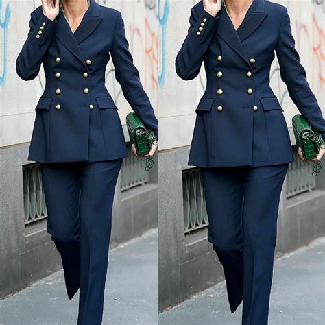 Navy Blue Women Ladies Formal Pant Suits Business Work Wear Double