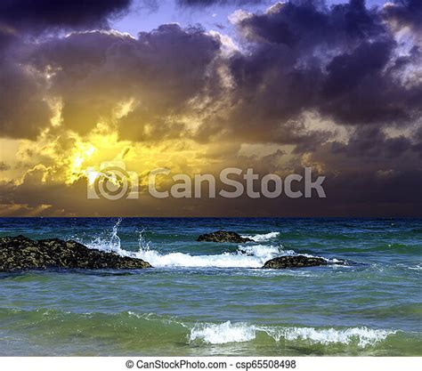 Dramatic Sunrise Over Atlantic Ocean In Cornwall United Kingdom