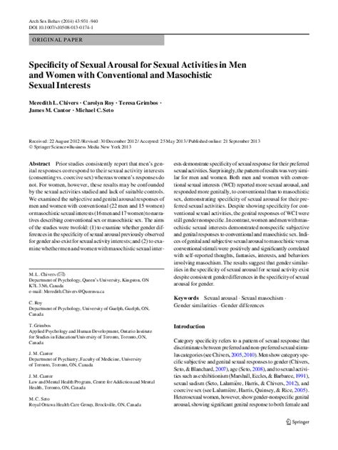 Pdf Specificity Of Sexual Arousal For Sexual Activities In Men And Women With Conventional And