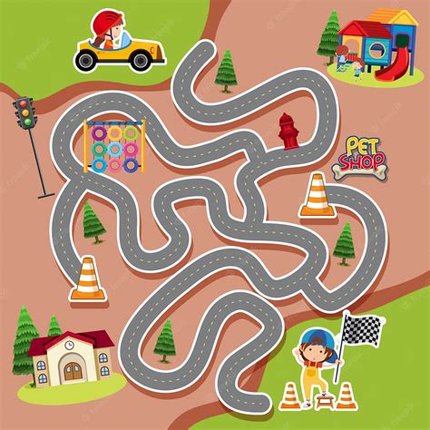 Modelo de jogo de labirinto com criança em carro de corrida | Vetor Premium