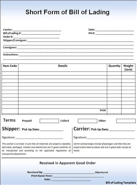 Straight bill of lading short form. Bill of Lading Template | Bill of lading, Rental agreement ...