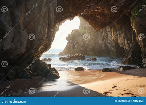 Sunlit Sea Cave Entrance With Exposed Rocks Stock Image Image Of