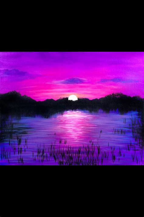 After painting the sunset, then you do all the silhouettes! Purple sunset across the lake painting idea, art. | Lake painting, Landscape paintings, Sunset ...