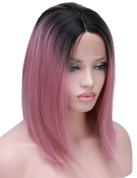 Short Bob Pink Wig 2 Tones Color Silky Straight Synthetic Lace Front