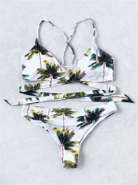 Shop Palm Tree Print Wrap Bikini Set Online Shein Offers Palm Tree
