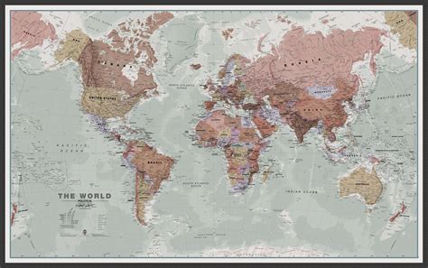 Large Executive Political World Wall Map Wood Frame Black