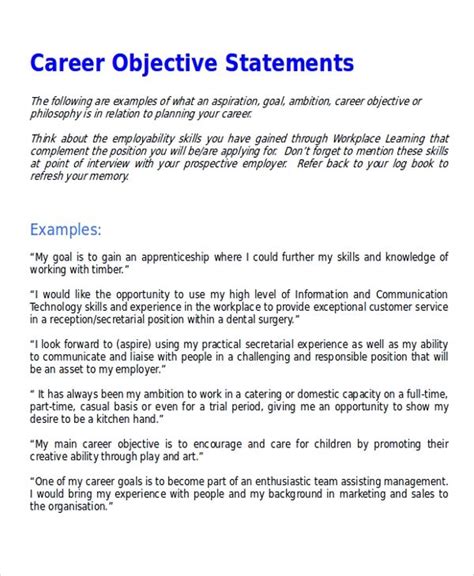 7 Sample Career Objective Statements Sample Templates Resume