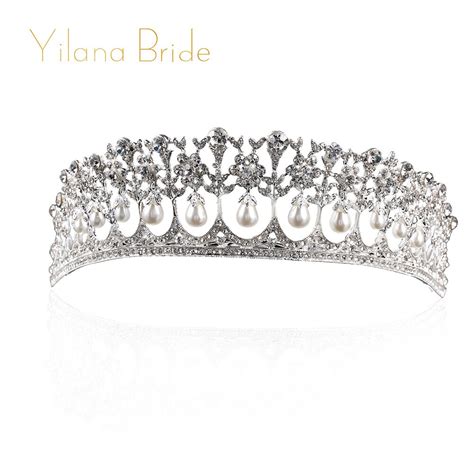 Yilana Bride European Western Vintage Big Crystal Pearl Crown Tiara